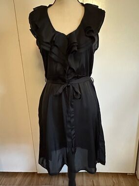 Black Ruffle V-Neck Tie-Waist Dress - Women